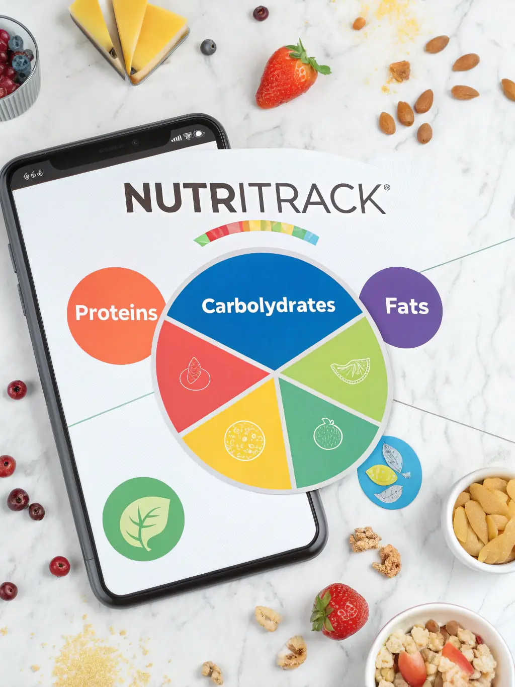 A graphic illustration of macronutrient tracking, showing the breakdown of protein, carbohydrates, and fats in a user's daily diet within the NutriTrack app.