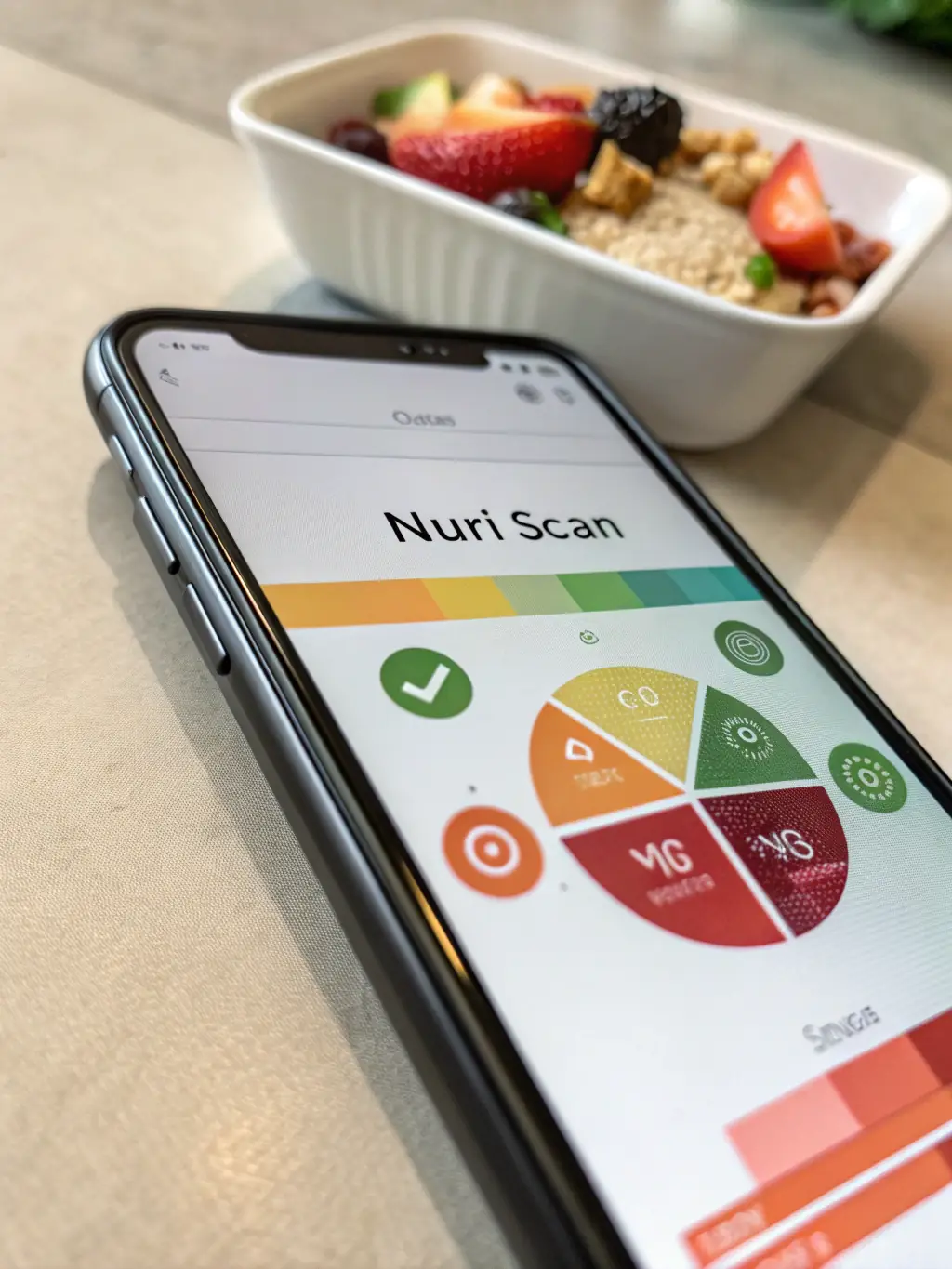 A close-up photo of a smartphone screen displaying the NutriTrack app's meal logging interface, with options to input food items and portion sizes.